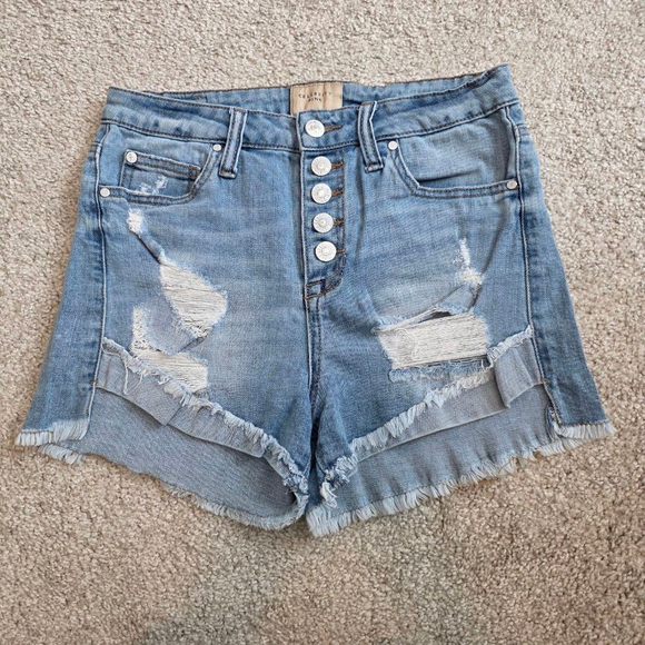 Women's Celebrity Pink Denim Shorts Size 5/27 Blue Distressed - Picture 1 of 8